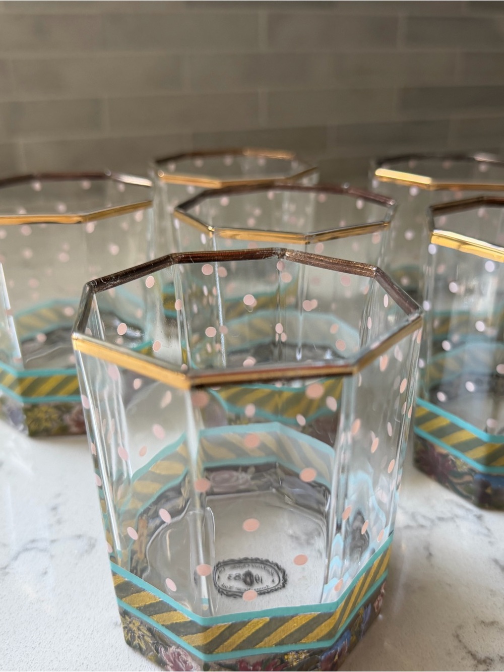 (6) MacKenzie-Childs Vintage Pink Garland Double Old Fashioned Glasses 3 5/8" - Picture 4 of 4